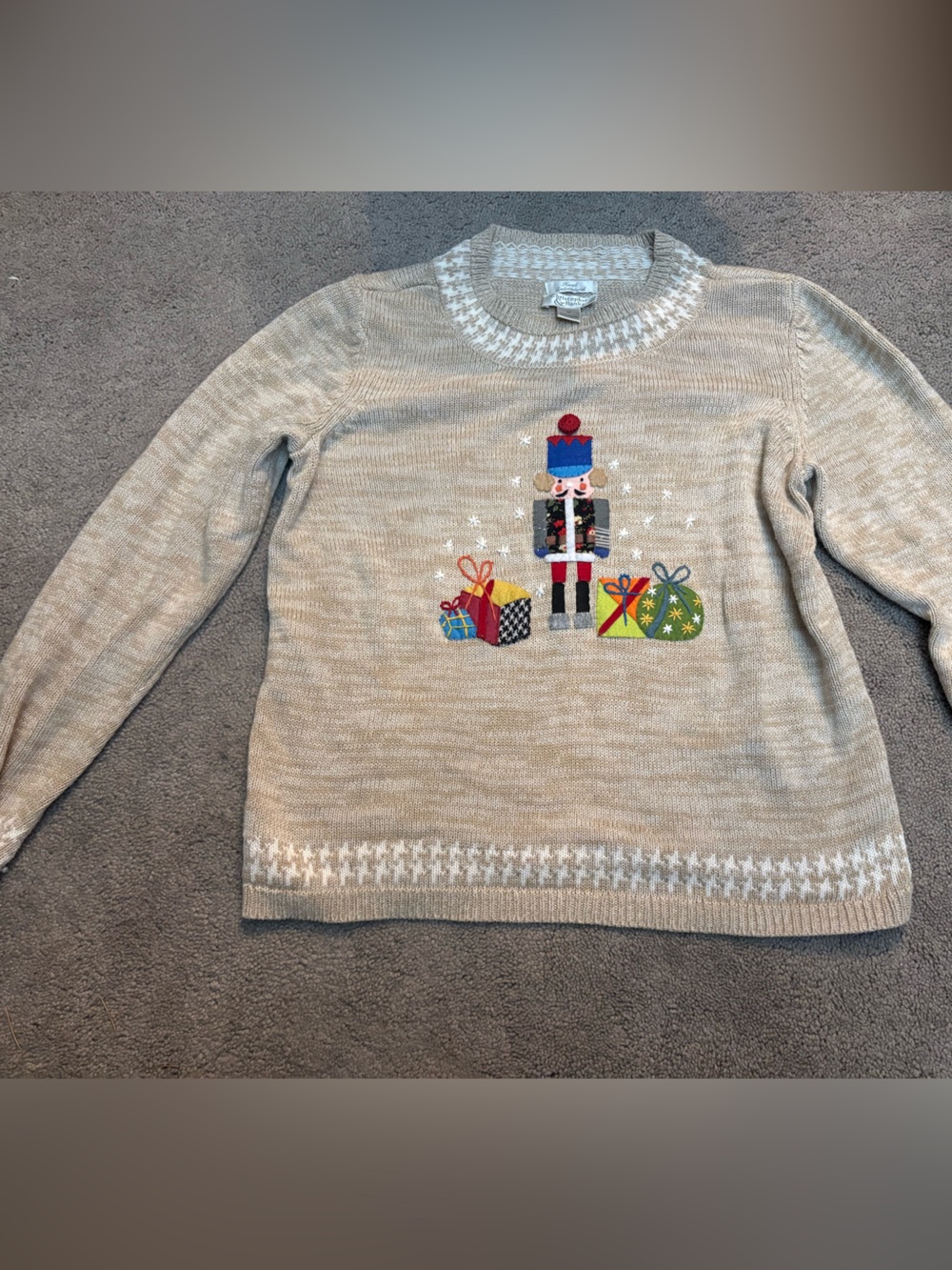 Christopher & Banks Beige Nutcracker Crewneck Sweater with Colorful Embroidery